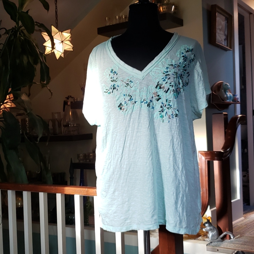 Calvin Klein Womens Oversized Light Turquoise Embroidery Top